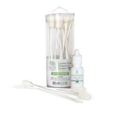 A box of cotton swabs and a bottle of ear cleaner.