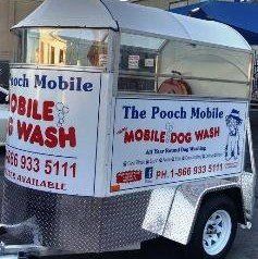 A mobile dog wash trailer is parked in front of a building.
