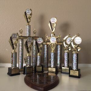 A group of black trophies are sitting on top of a table.