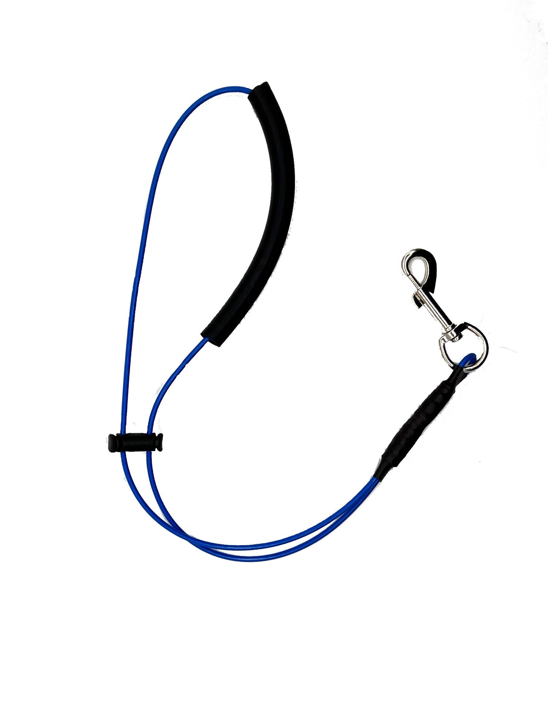 A blue leash with a black handle on a white background.