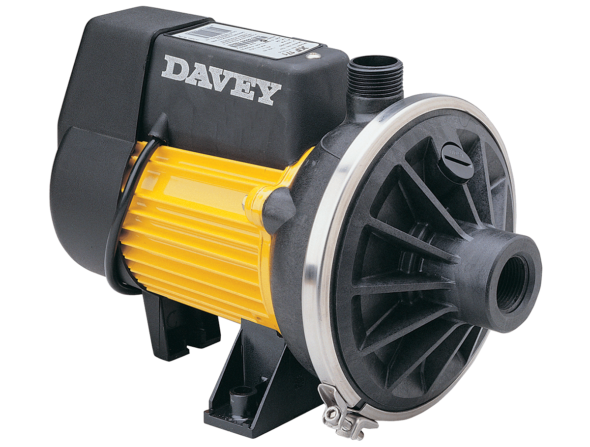 A black and yellow davey water pump on a white background