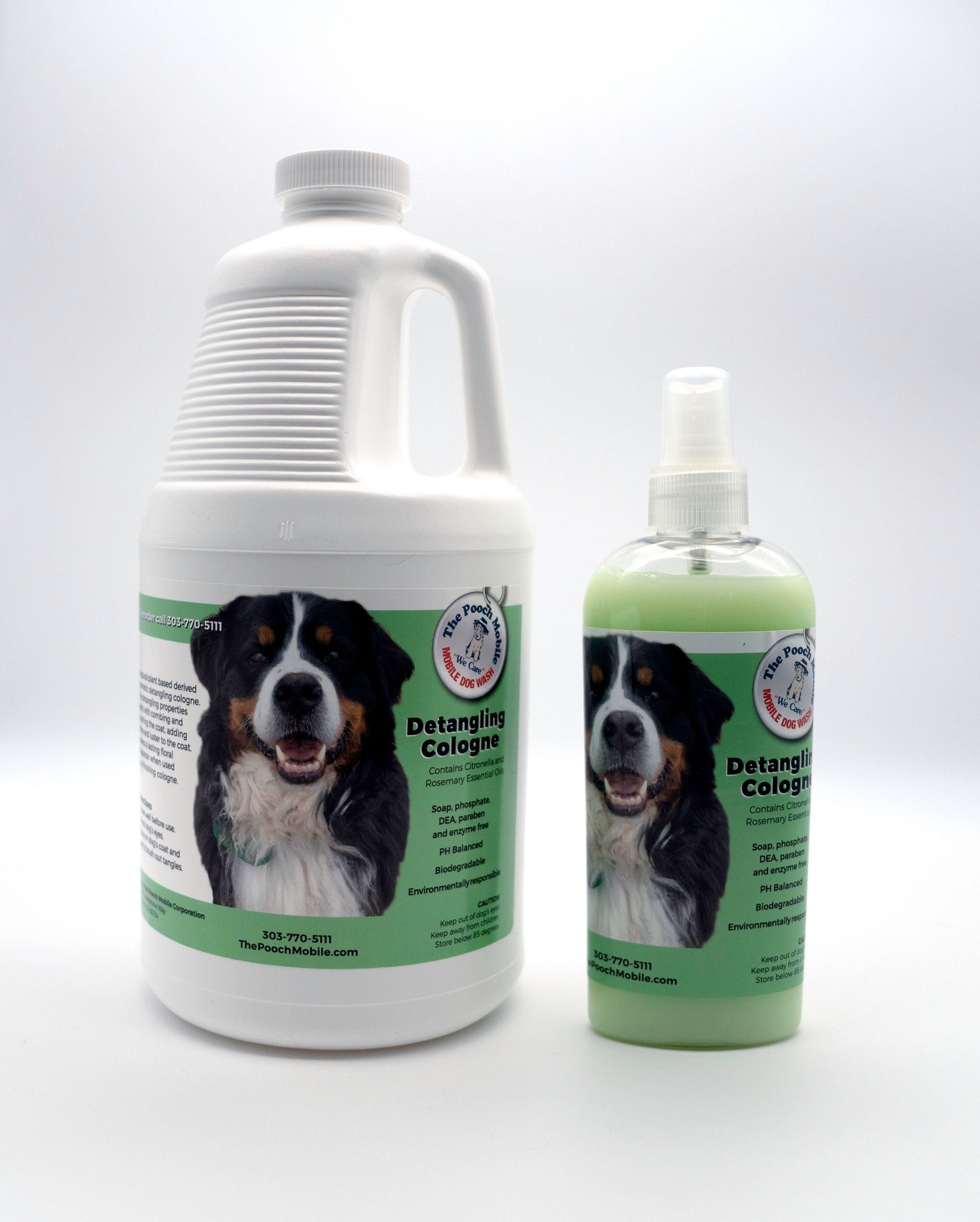 Two bottles of dog shampoo with a picture of a dog on the label