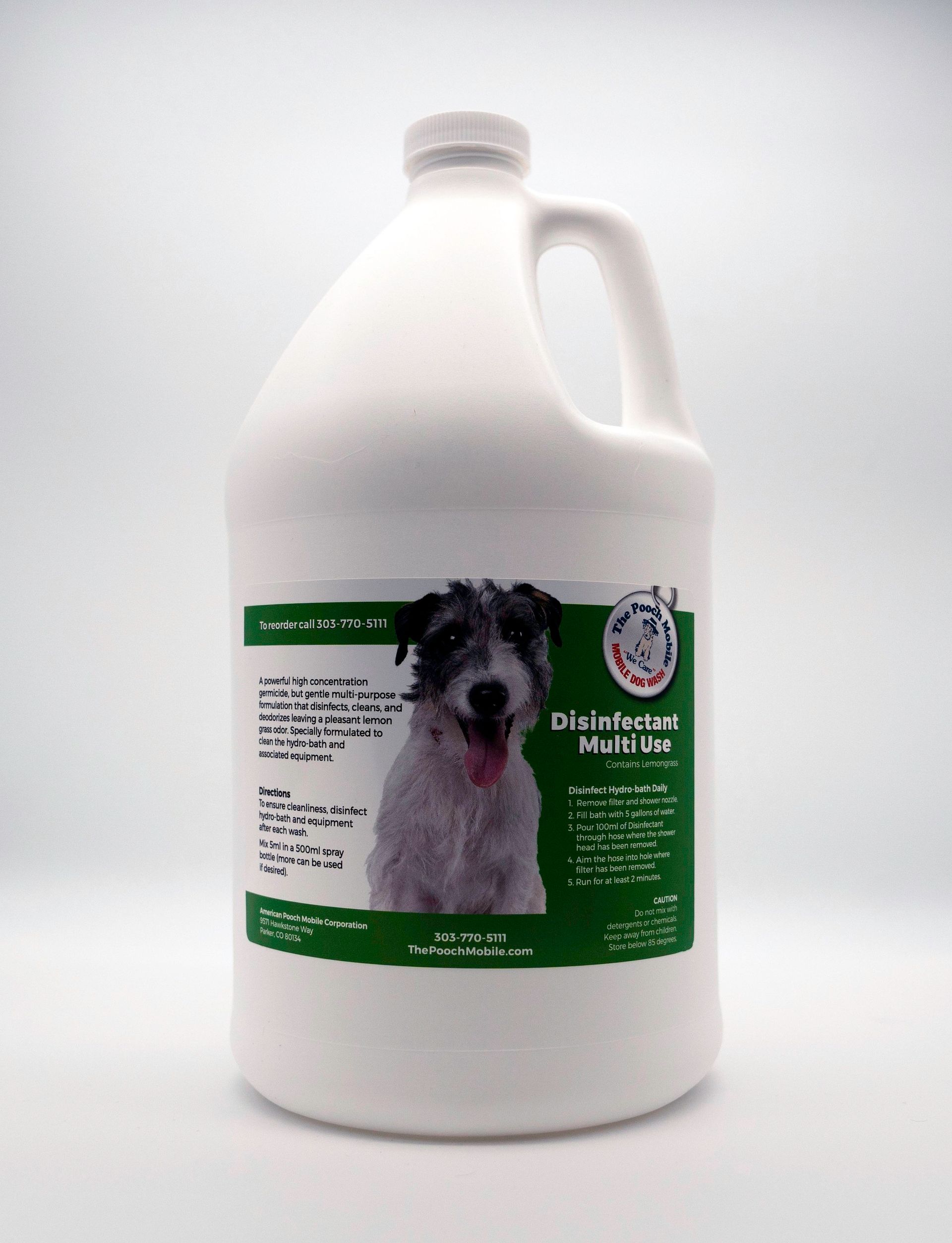A gallon of disinfectant for dogs with a picture of a dog on the label.