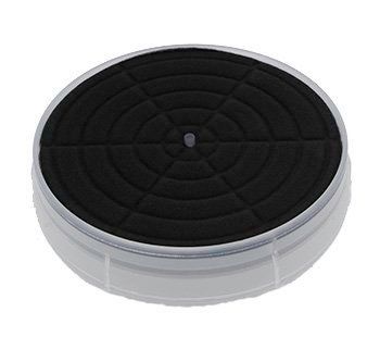 A black and white circle with a hole in the middle on a white background.