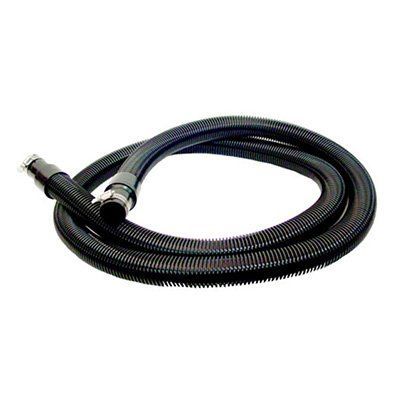 A black hose with a metal connector on a white background.
