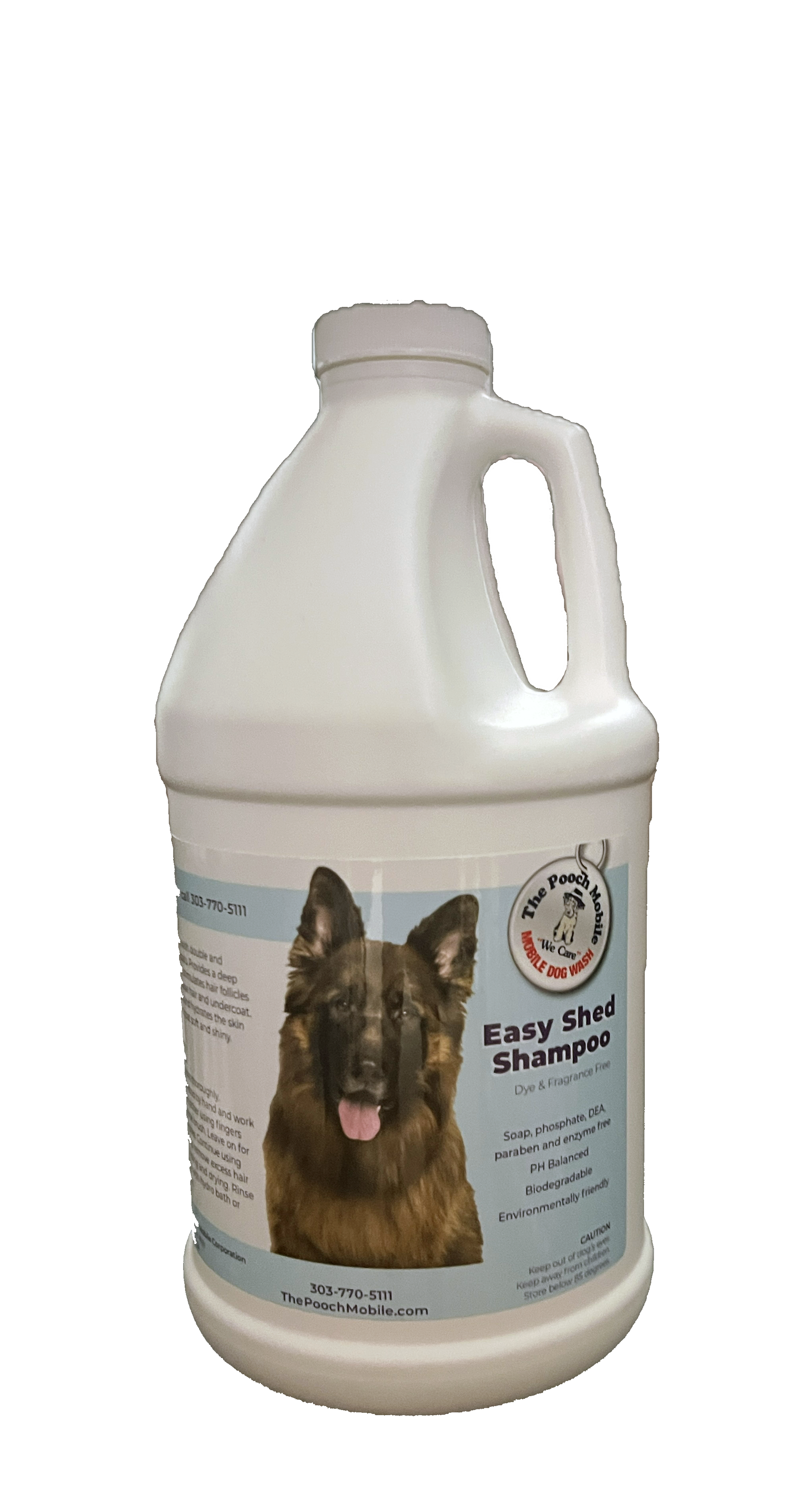 A gallon of dog shampoo with a picture of a german shepherd on the label.