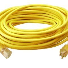 A close up of a yellow extension cord on a white background.