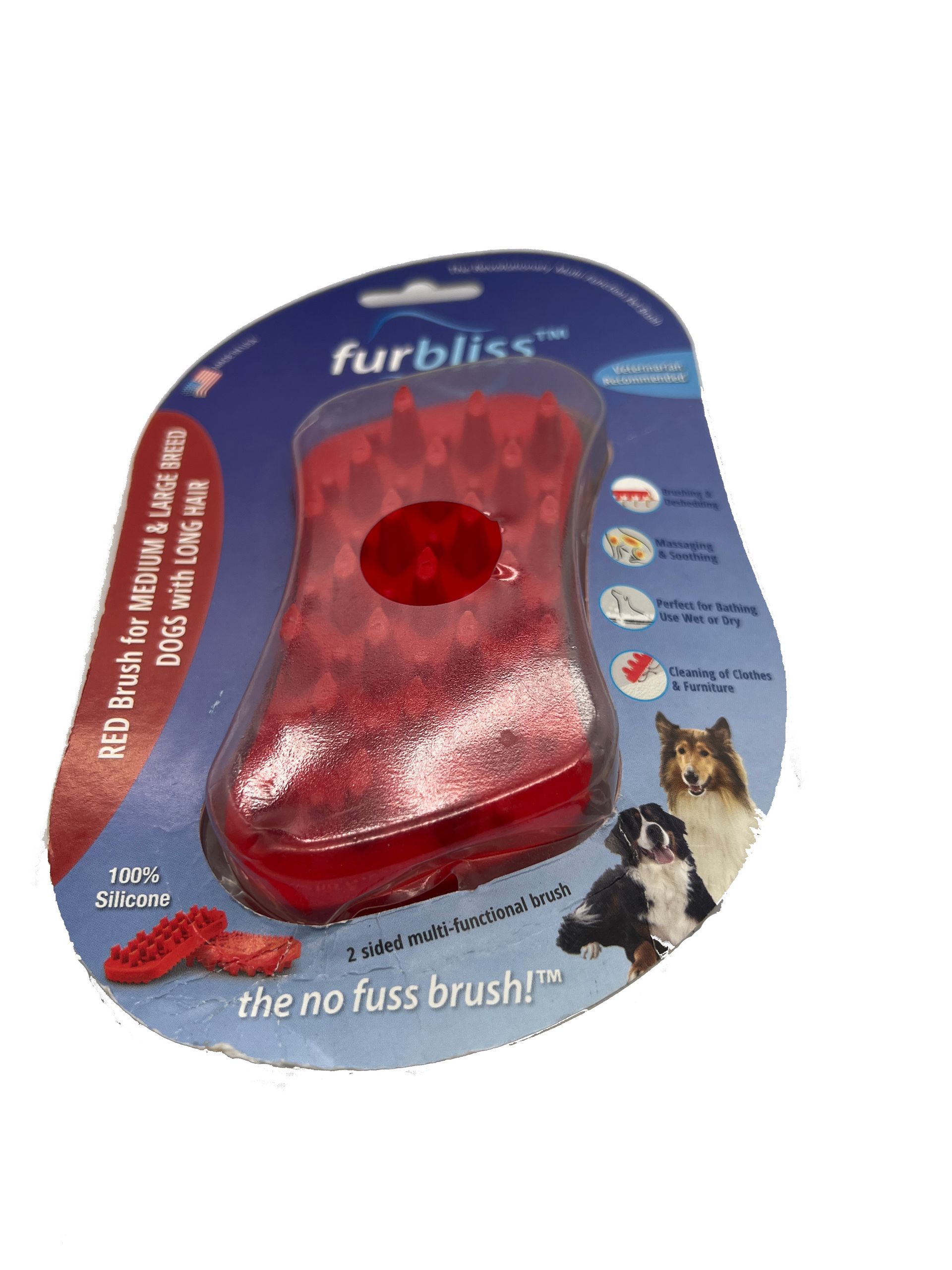 A red furbliss dog brush with a picture of a dog on the package.