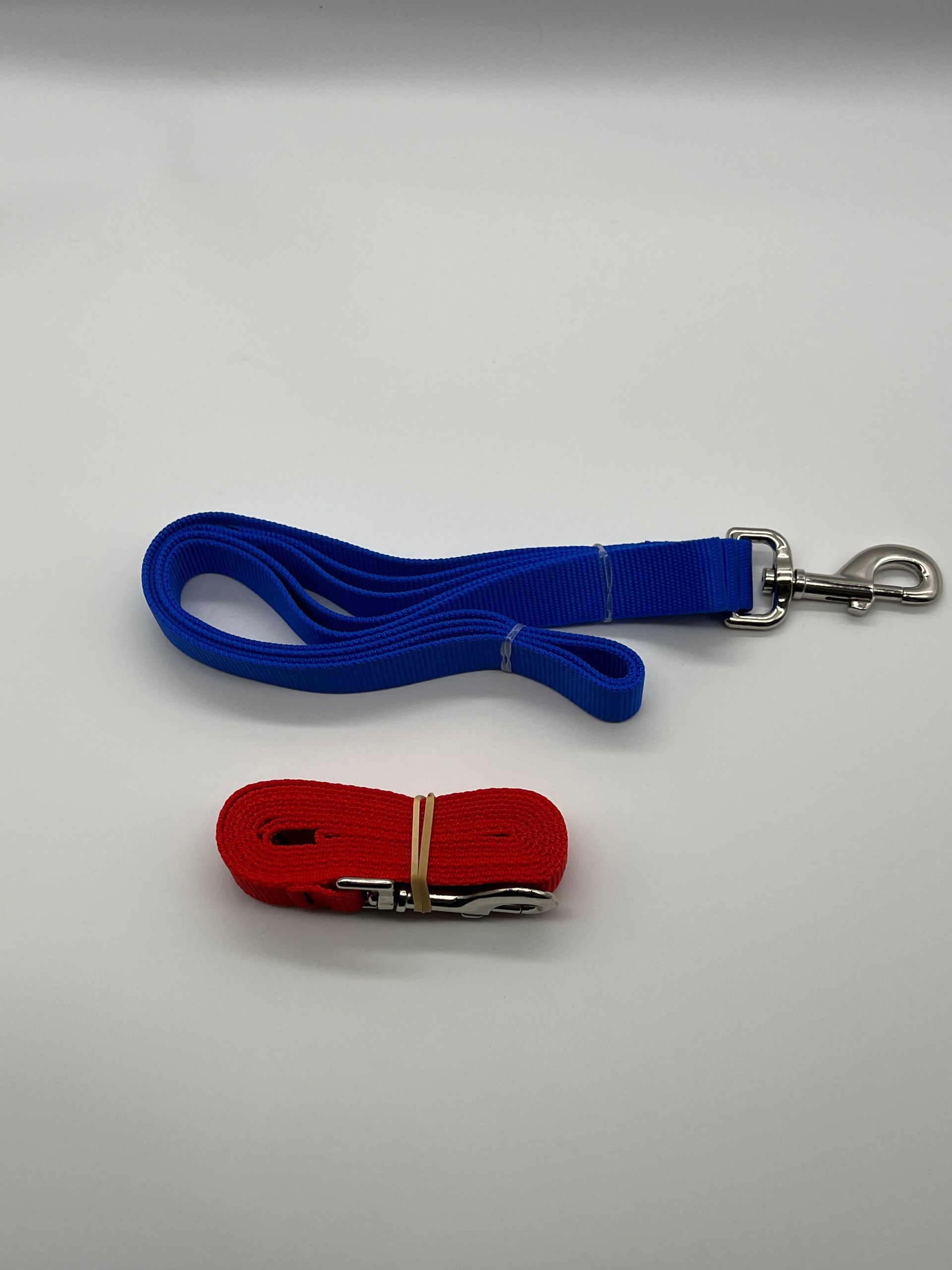 A blue leash and a red leash are on a white surface.