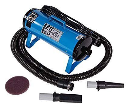 A blue vacuum cleaner with a hose attached to it