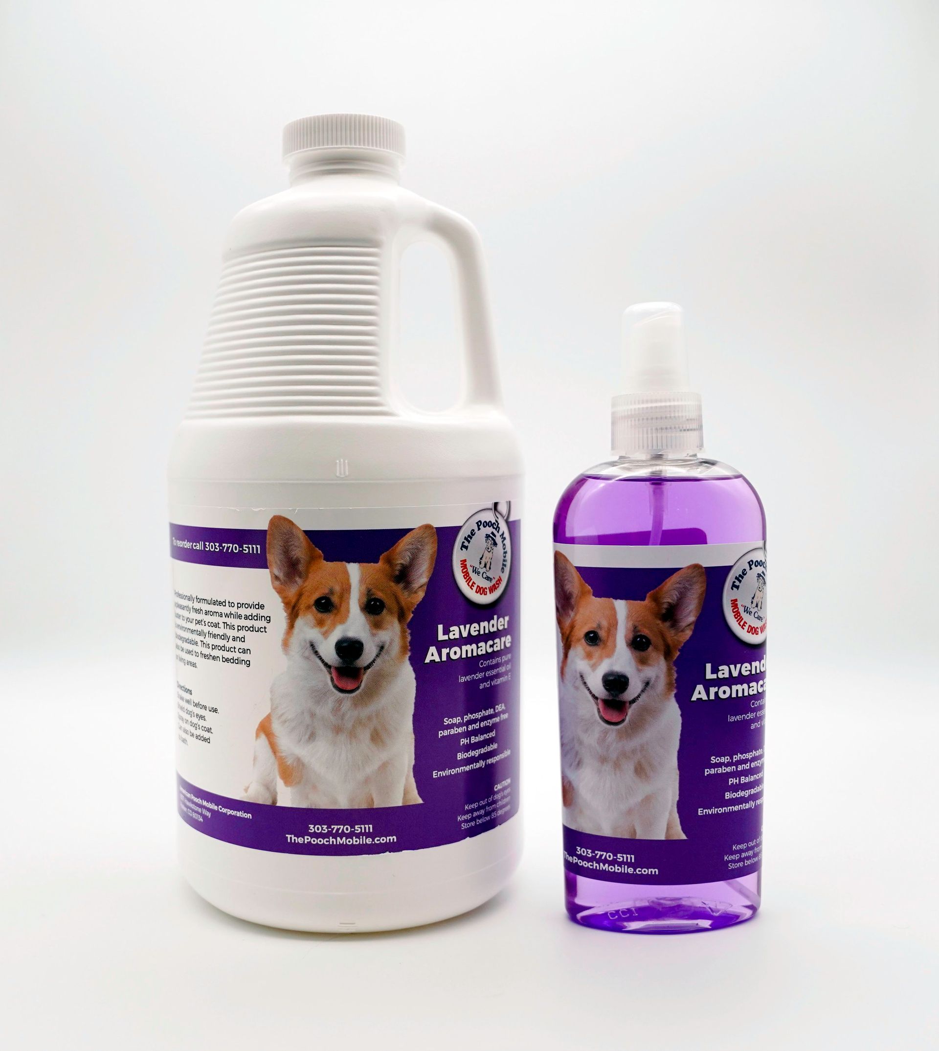 Two bottles of dog shampoo with a picture of a dog on the label