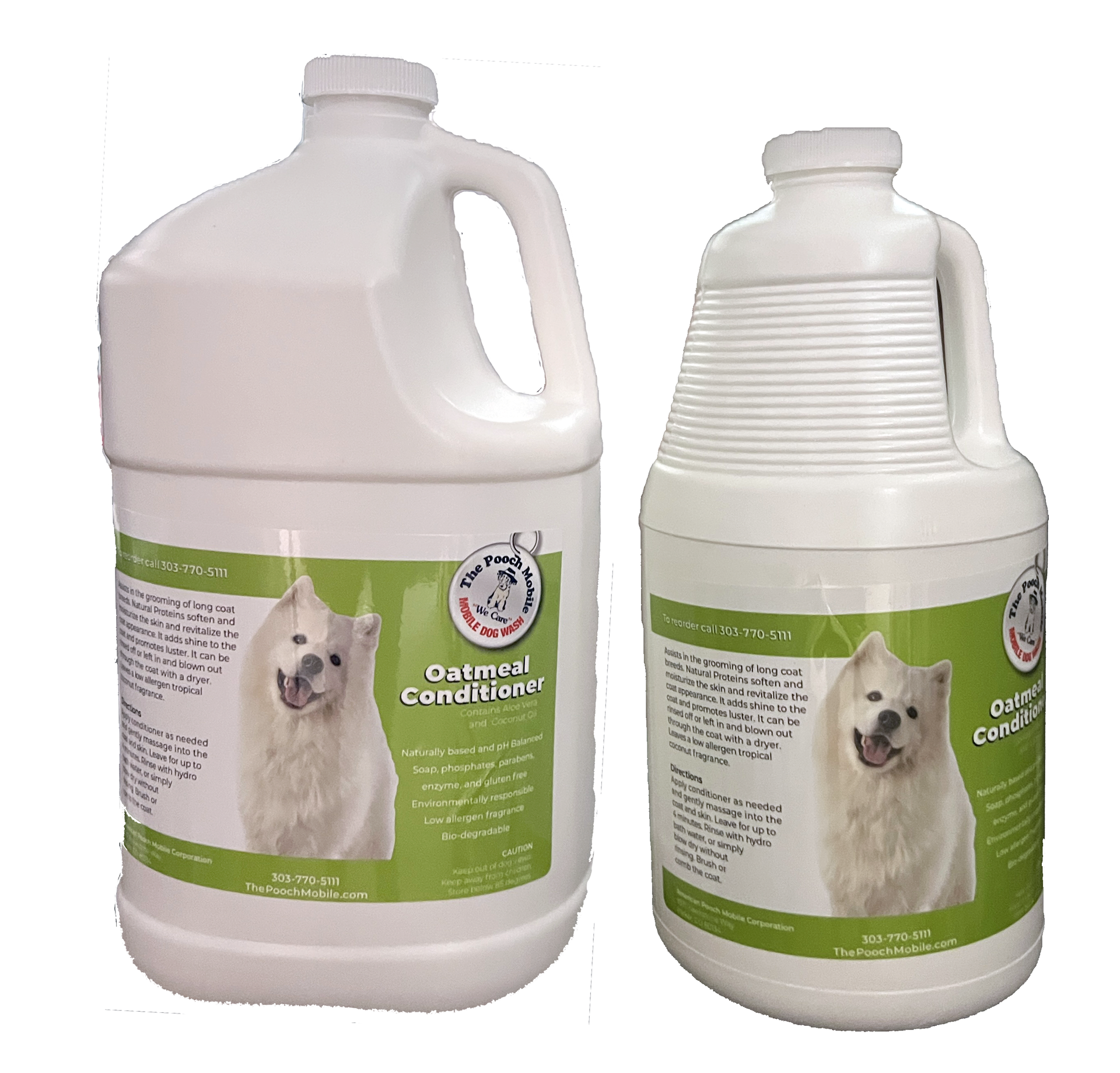 Two bottles of oatmeal conditioner with a picture of a dog on the label