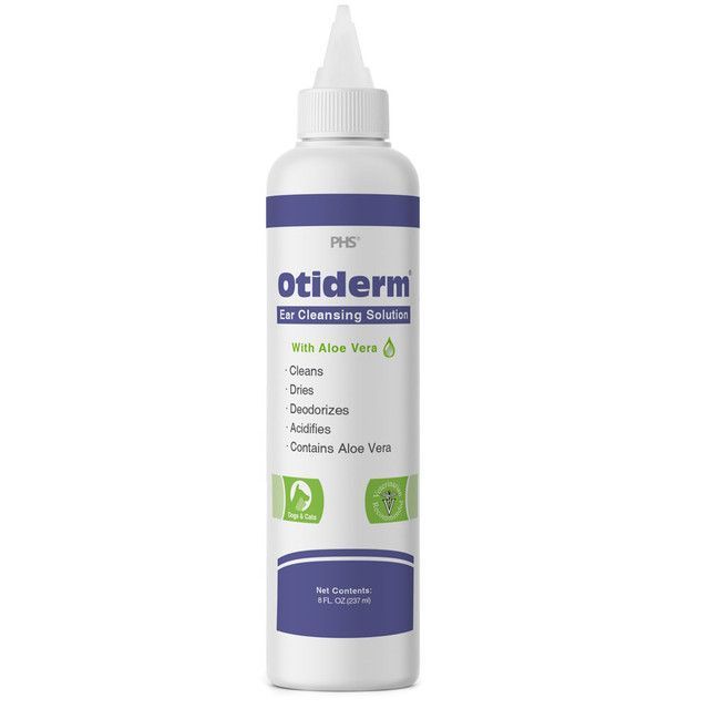 A bottle of otiderm ear cleansing solution with aloe vera.