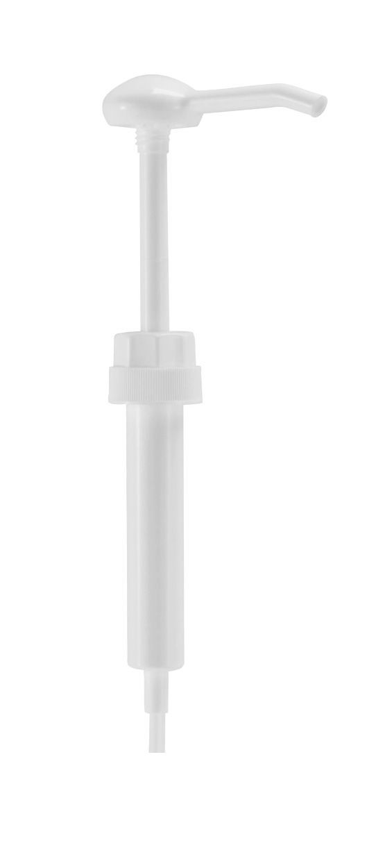 A white plastic pump with a handle on a white background.