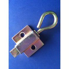 A close up of a metal hook on a blue surface.