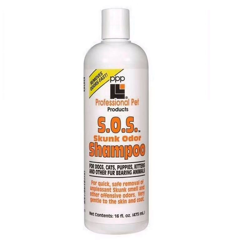 A bottle of s.o.s. skunk odor shampoo for dogs