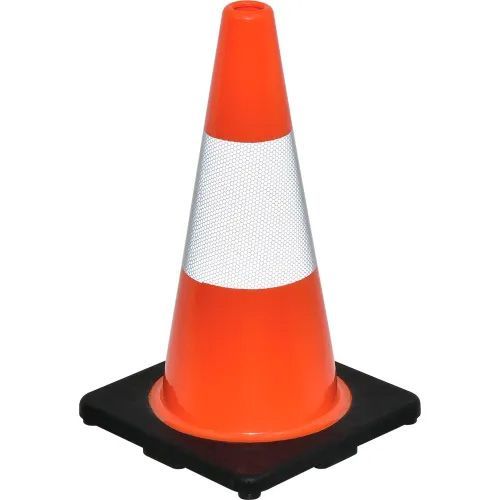 An orange and white traffic cone with a black base