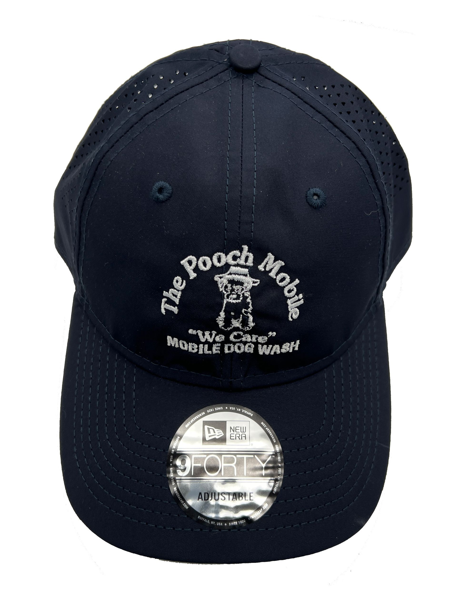 A black hat with the words the pooch mobile embroidered on it