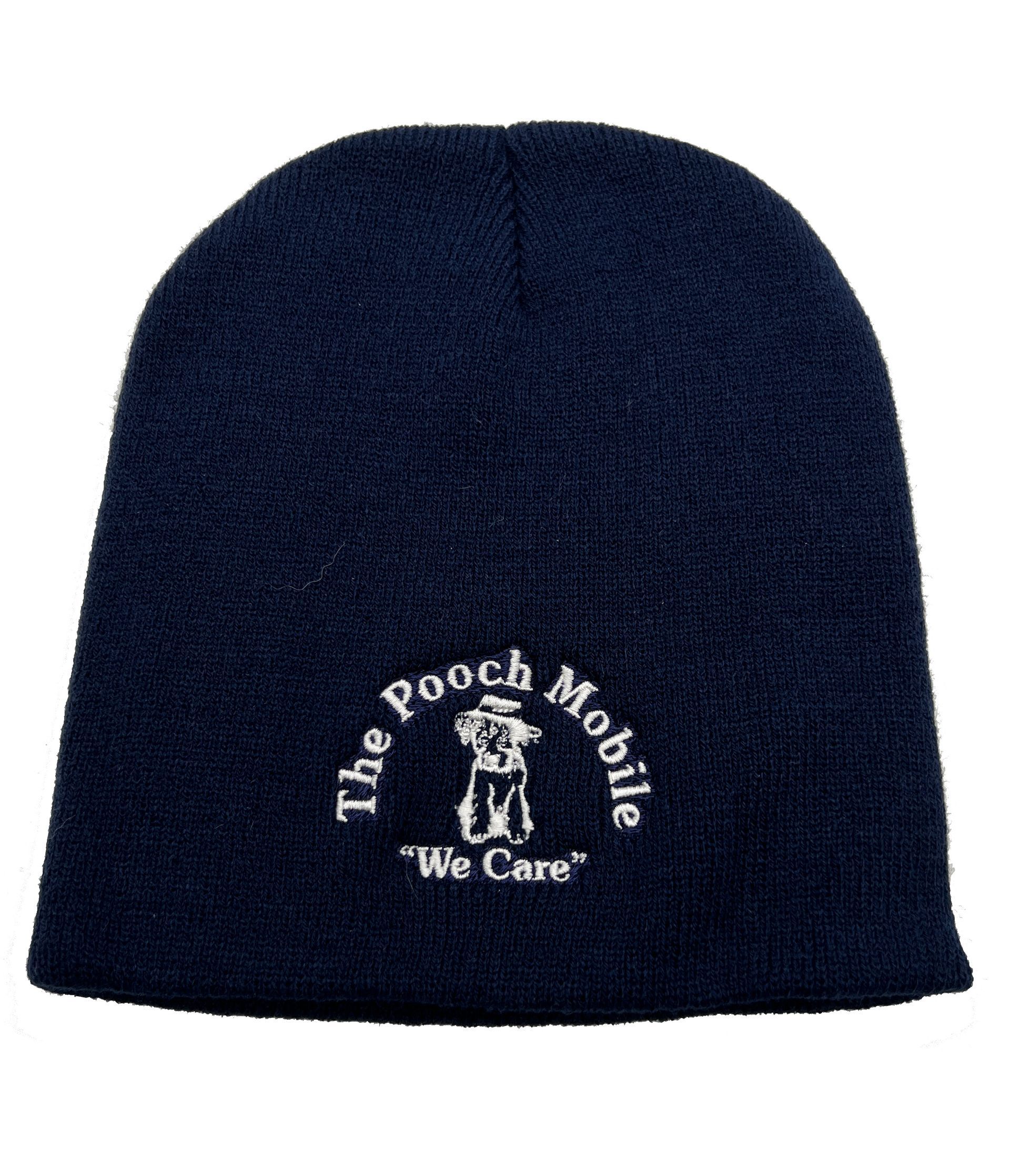 A black beanie with the words the pooch mobile we care embroidered on it