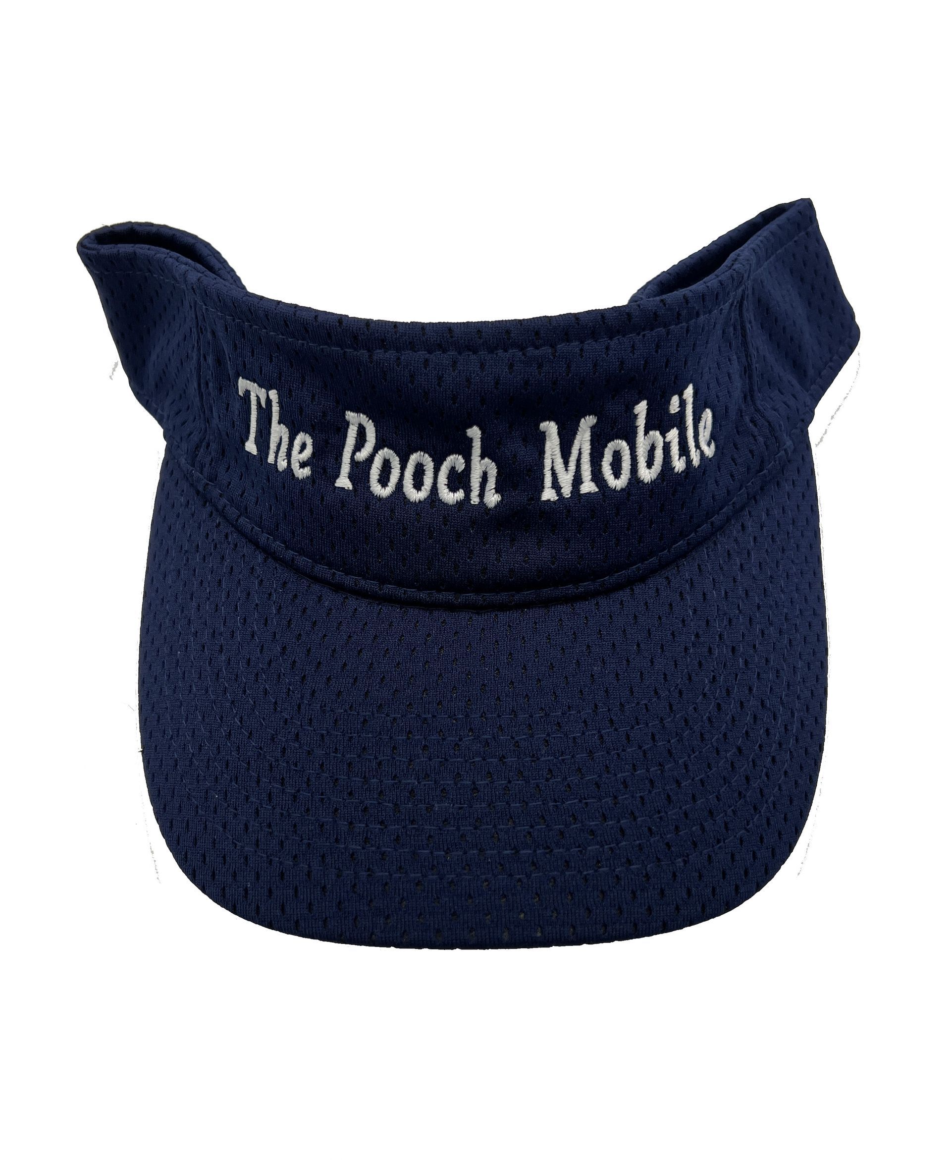 A blue visor that says the pooch mobile on it
