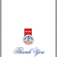 A thank you card that says we care on it