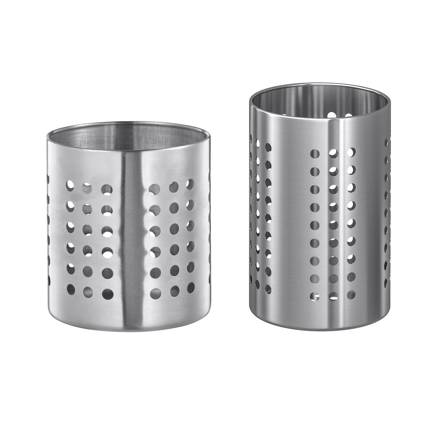 Two stainless steel utensil holders with holes in them on a white background
