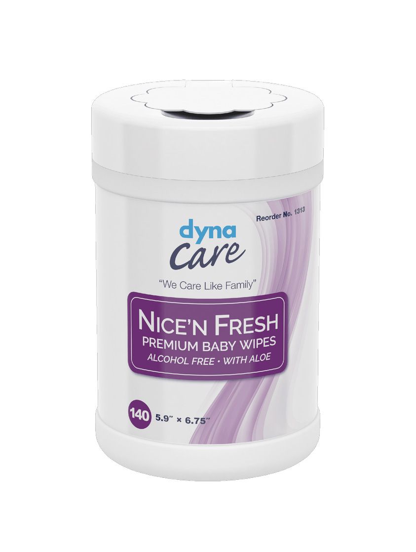 A can of dyna care nice n fresh baby wipes on a white background.