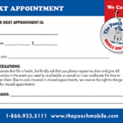 A blue and white advertisement for the pooch mobile dog