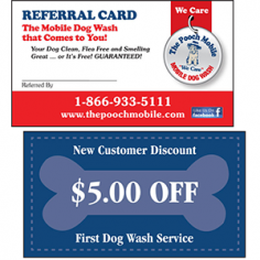 A referral card for the mobile dog wash that comes to you