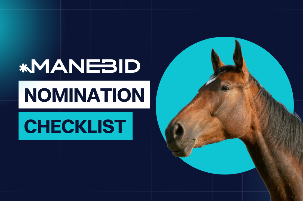 ManeBid nomination checklist: A brown horse with a white blaze on a turquoise circle, text on a dark blue background.