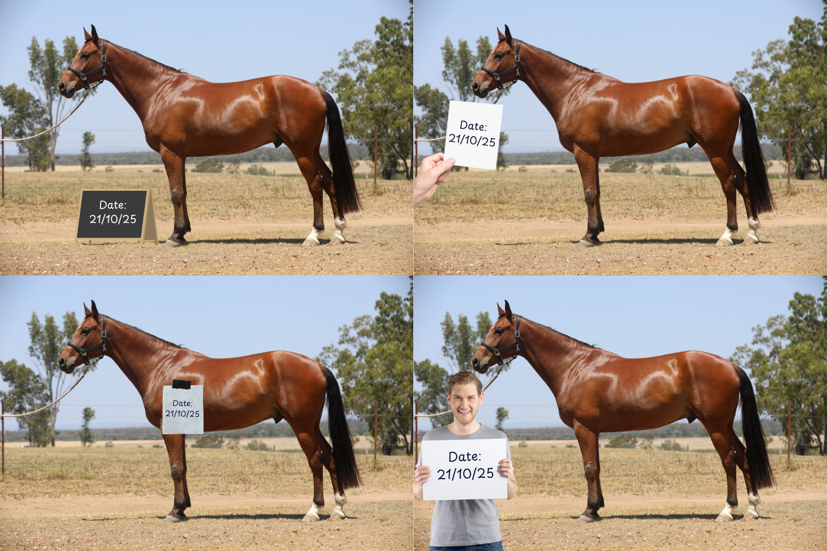 Four photos of a brown horse with white markings. Signs held next to the horse say 