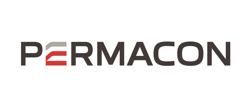 Logo pour Permacon avec texte rouge, gris et noir.