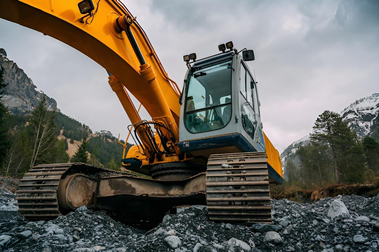 A Large Yellow Excavator Is Sitting On Top Of A Rocky Hillside — Australian Specialised Machinery Glass In Mount Louisa, QLD