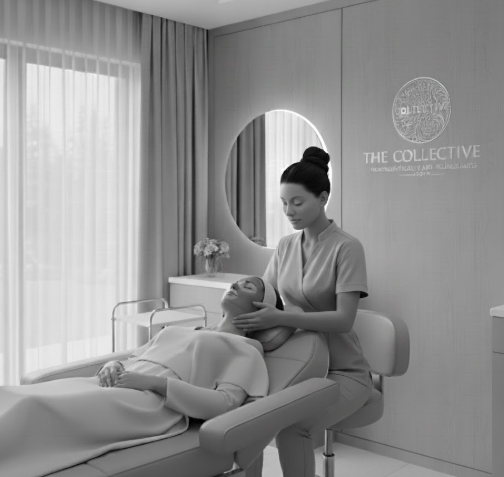 A woman receives a facial treatment in a spa-like room. Another woman massages her face.