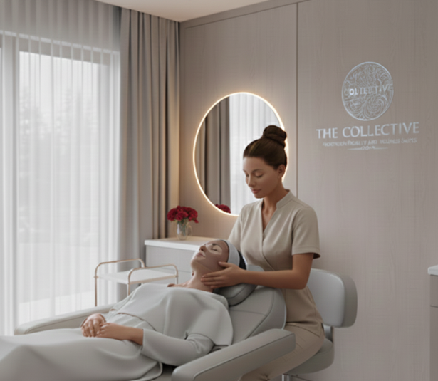 A esthetician giving facial treatment to a client in a spa room.