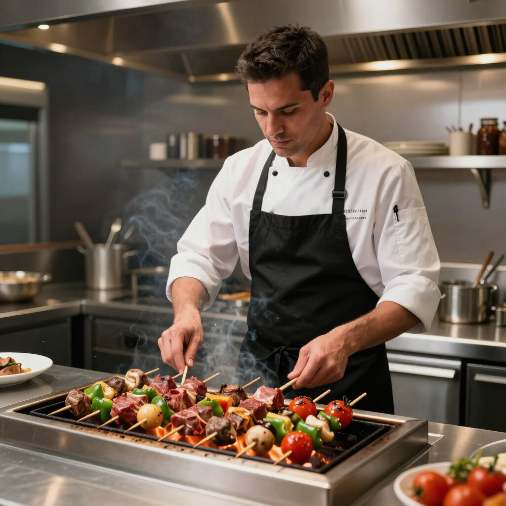 A chef in a white uniform and black apron grills meat and vegetable skewers over an open flame in a professional kitchen.