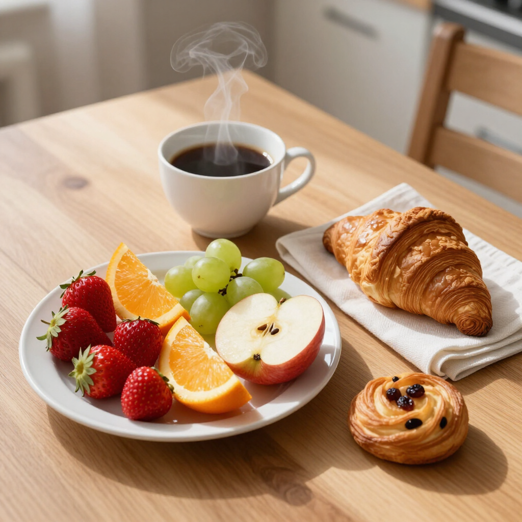 A breakfast set featuring a steaming cup of coffee, a plate of fresh fruit, a croissant, and a pastry on a wooden table.