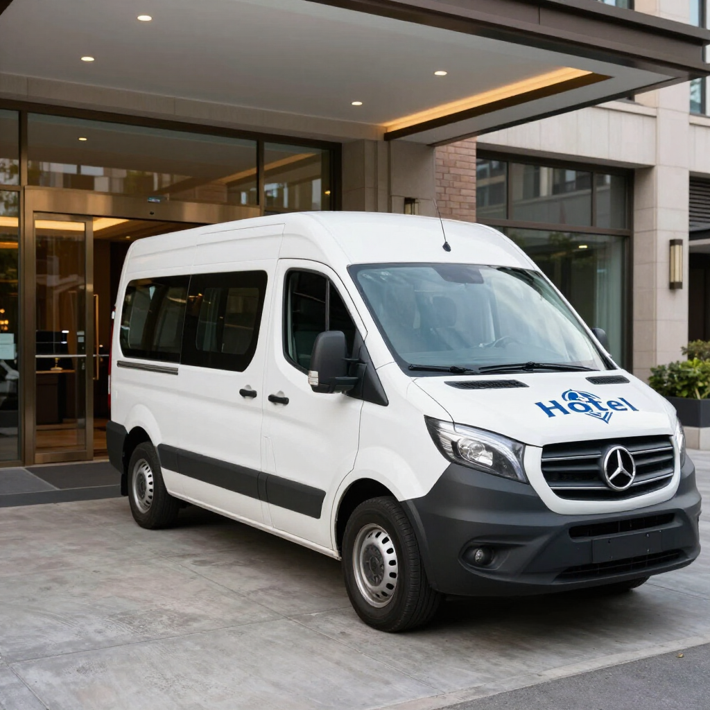 A white Mercedes-Benz hotel shuttle van parked in front of a modern building entrance.