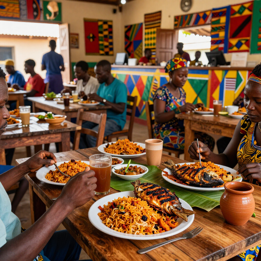 People eat grilled fish and yellow rice at wooden tables in a restaurant decorated with colorful geometric tapestries.