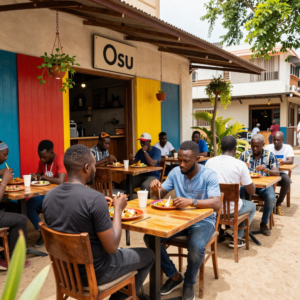 People dine at outdoor tables in front of a colorful, open-air restaurant named Osu.