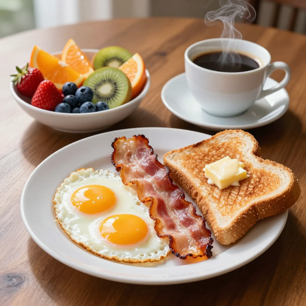 A breakfast with two fried eggs, bacon, buttered toast, a bowl of mixed fruit, and a steaming cup of coffee on a table.