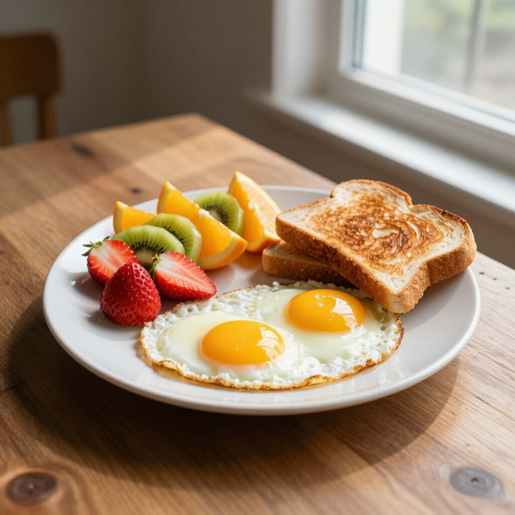A breakfast plate on a wooden table featuring two fried eggs, toasted bread, sliced strawberries, kiwi, and orange.