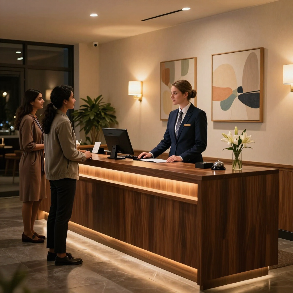A receptionist in a dark blue suit assisting two guests at a wood-paneled hotel front desk.