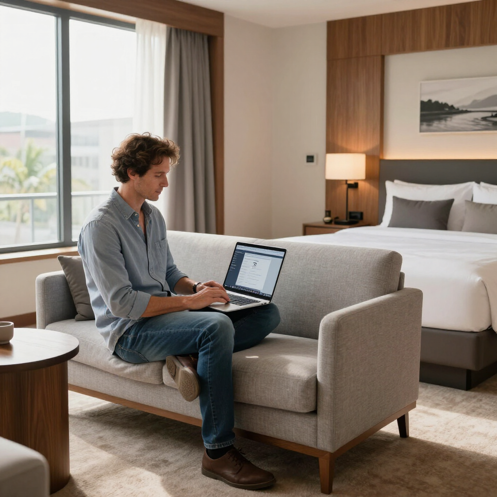 A person in a blue button-down shirt and jeans works on a laptop while sitting on a sofa in a modern hotel room.