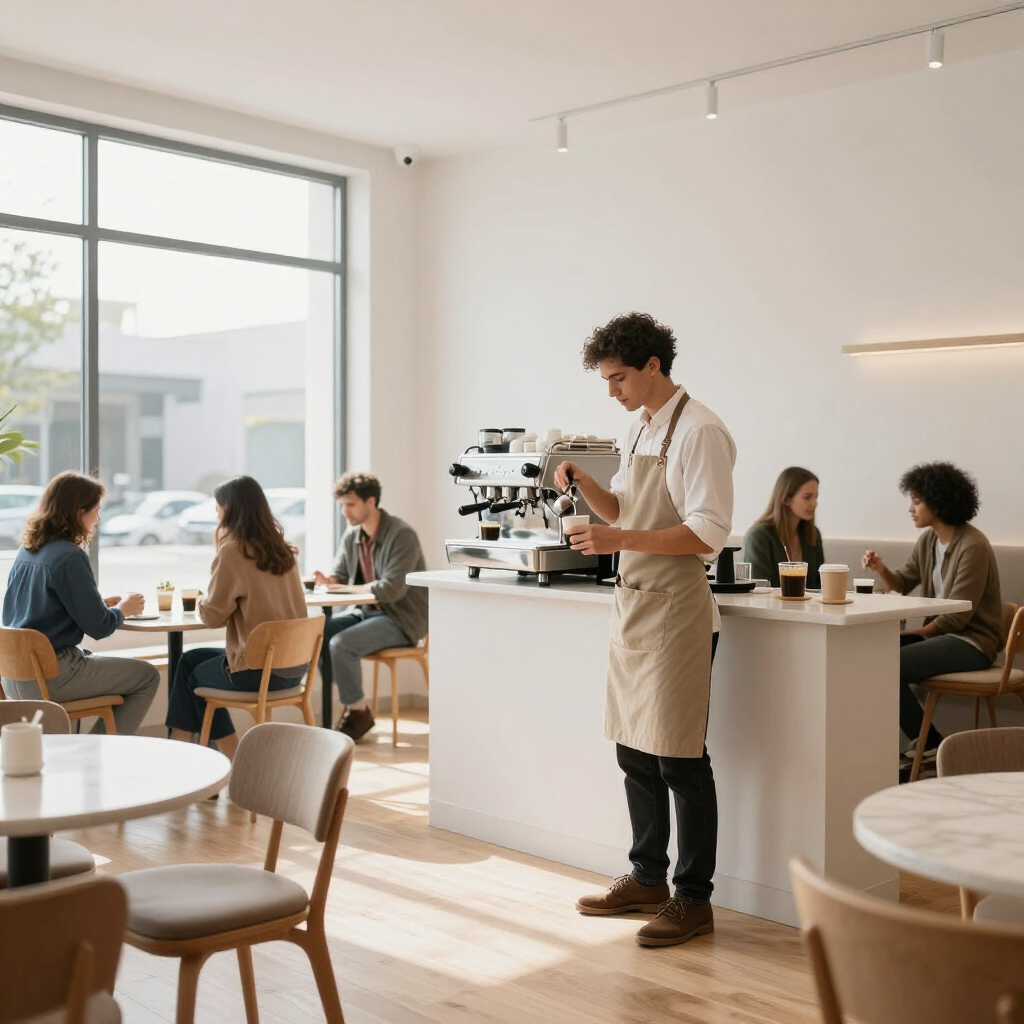 A barista in a beige apron prepares drinks at a counter in a bright, modern cafe where customers sit at tables.