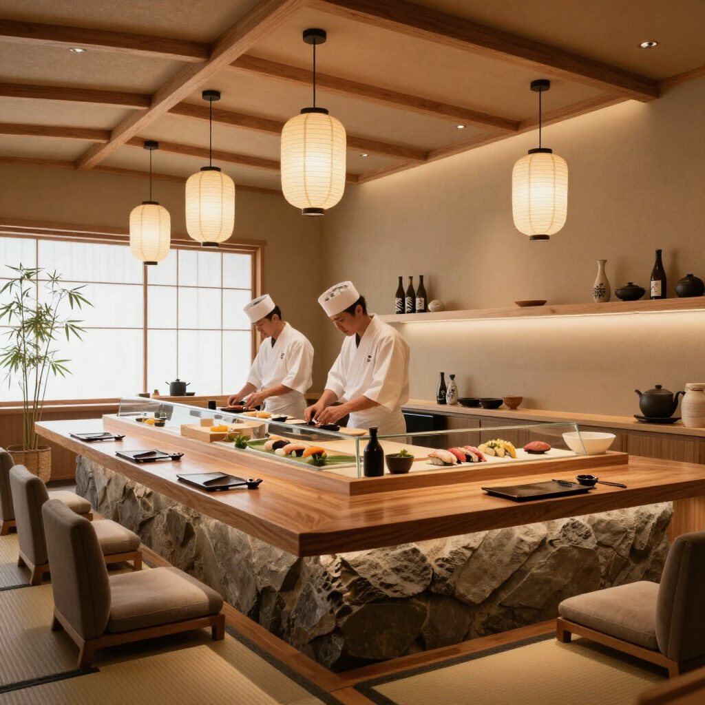 Two chefs prepare sushi behind a wooden counter in a minimalist Japanese restaurant with hanging lantern lights.