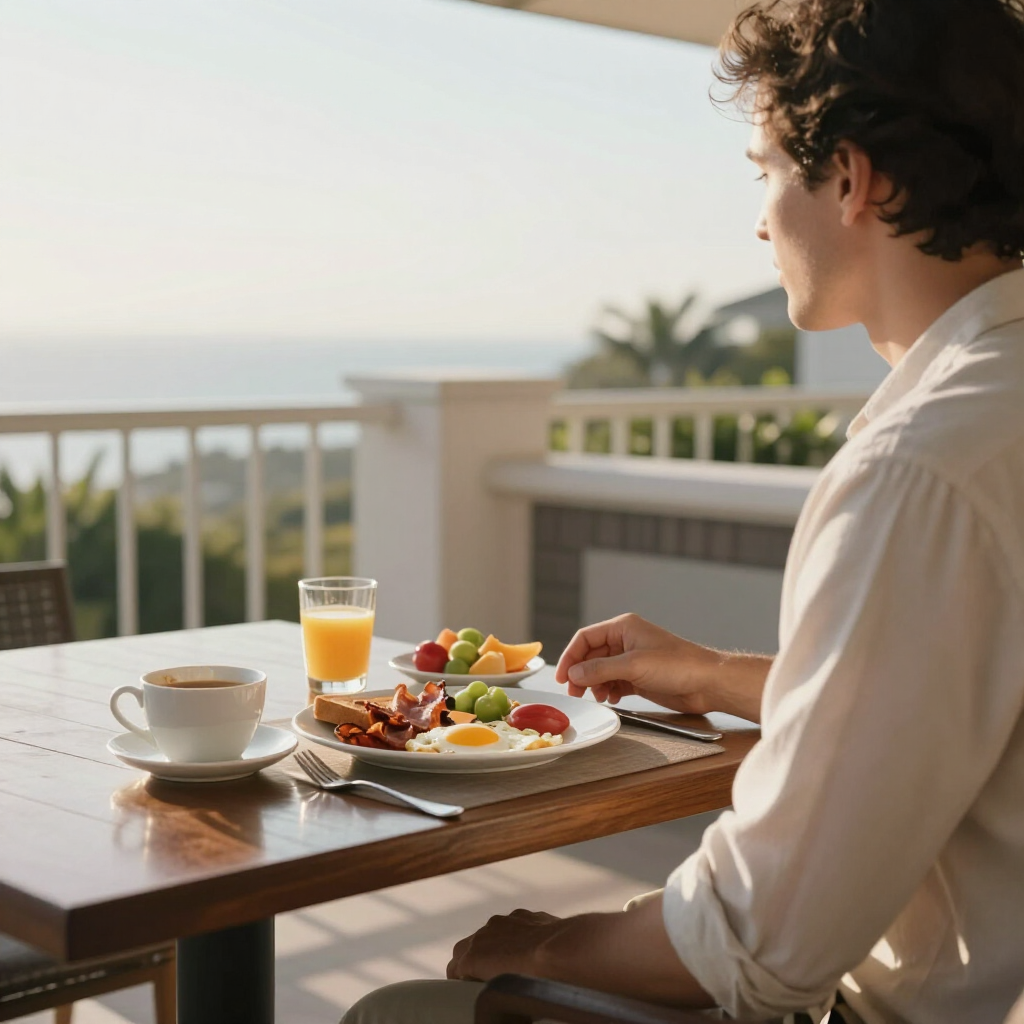 A person sits at a wooden balcony table with a breakfast of eggs, bacon, fruit, coffee, and juice overlooking the sea.