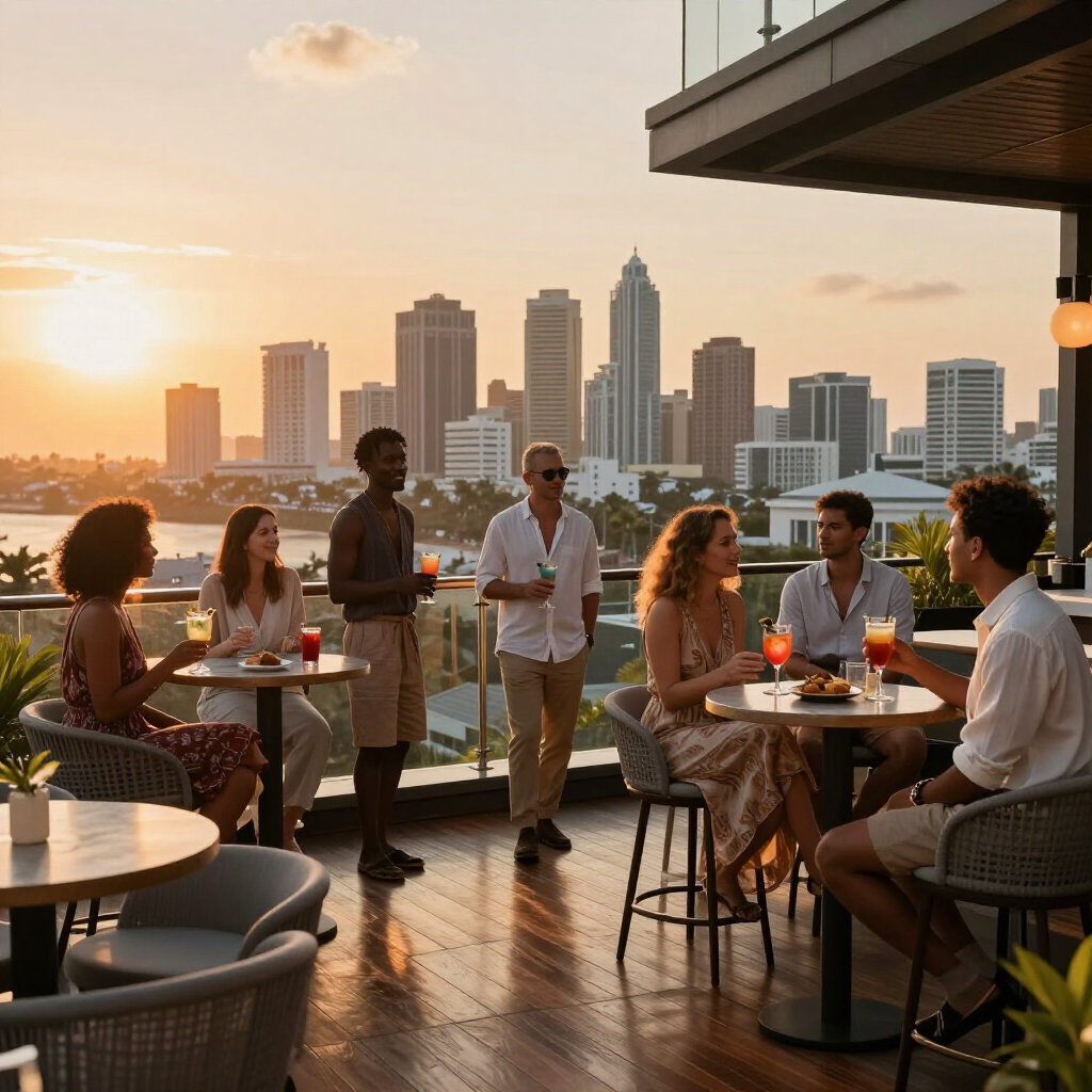 A rooftop bar at sunset, with a group of people socializing around tables overlooking a city skyline.