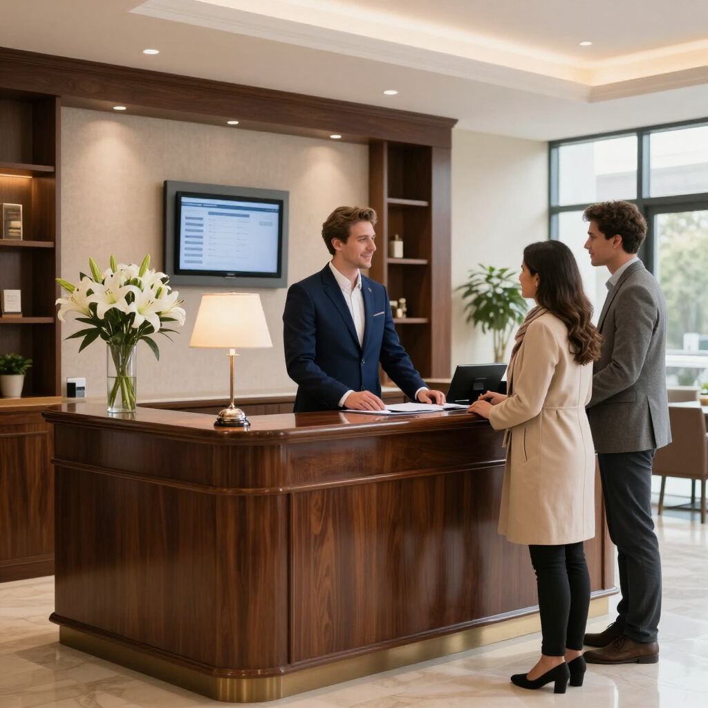 A hotel receptionist standing behind a wooden desk assists two guests in a bright, modern lobby.