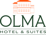 The logo for Olma Hotel & Suites, featuring a simple line drawing of a building above the text in dark green.